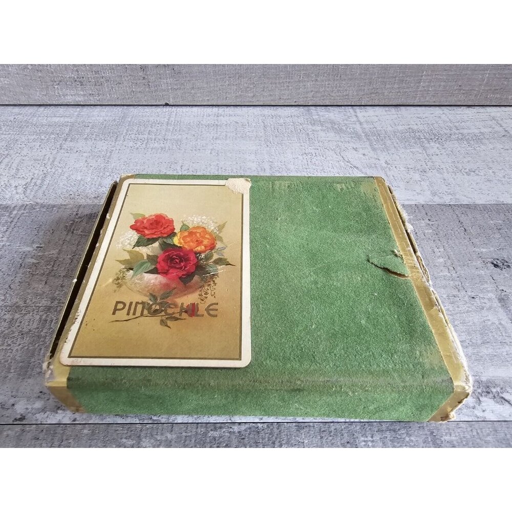 Vtg Duratone Plastic Coat Double Deck Pinochle Playing Cards Roses Gold Complete